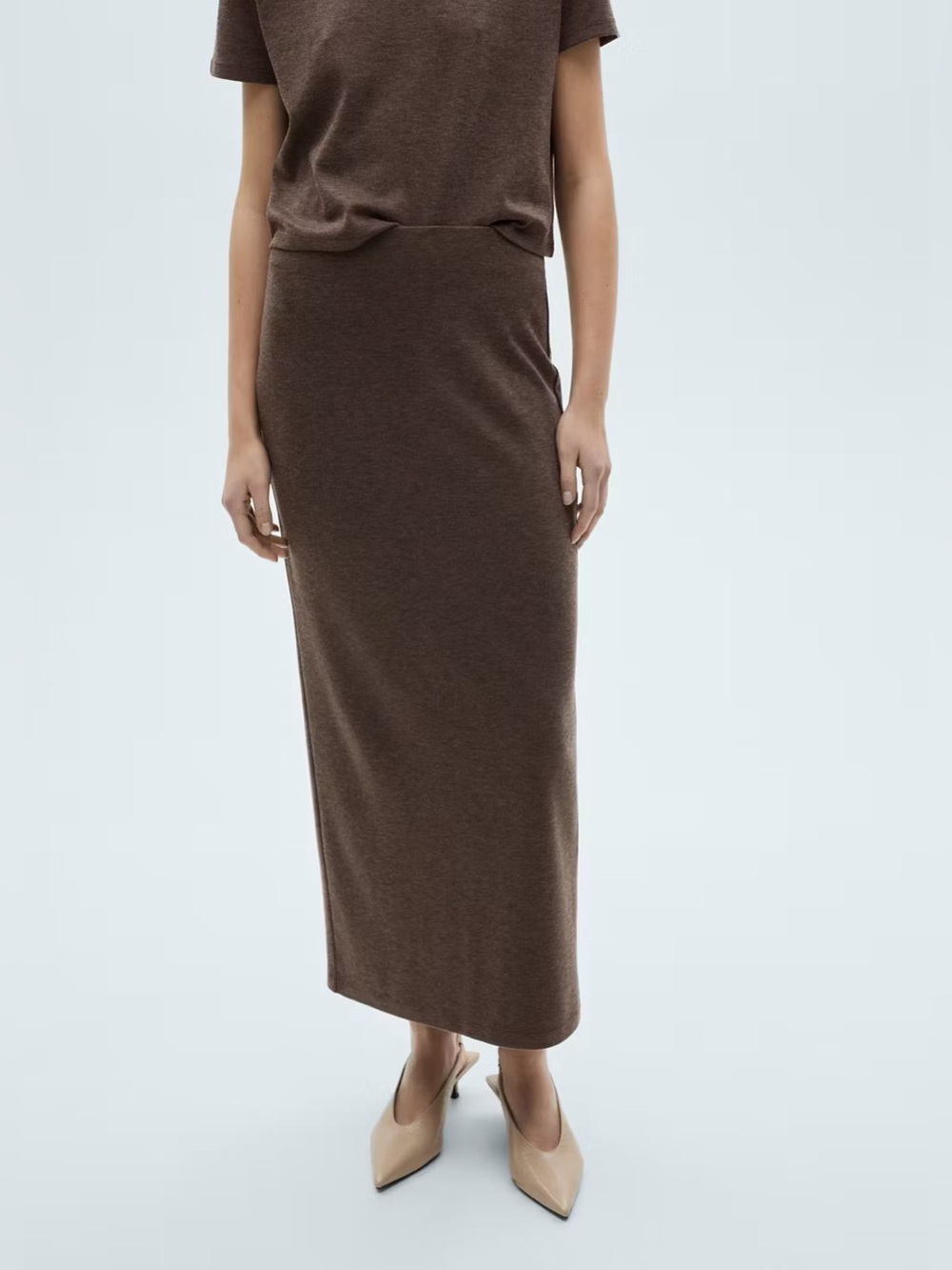 Mango MNG Chocolate Brown Back Slit Knitted Midi Skirt Size Medium $49.99